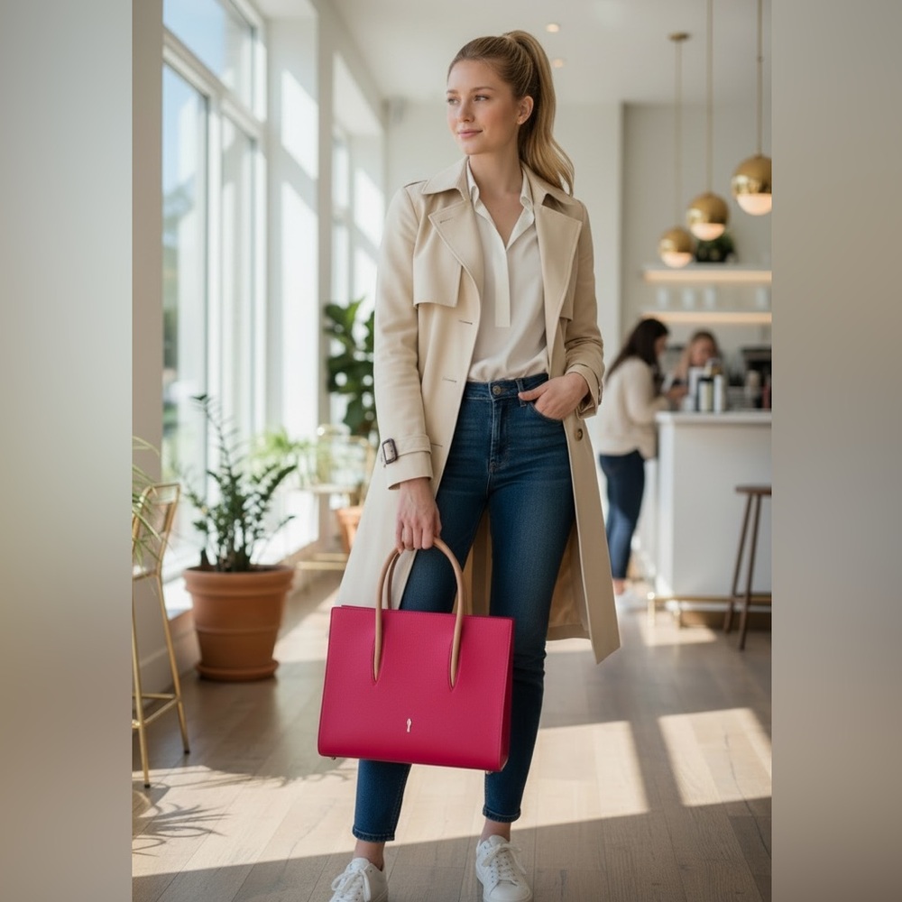 Christian Louboutin Paloma Pink Red Leather Satchel with Tan Handles - Picture 2 of 13
